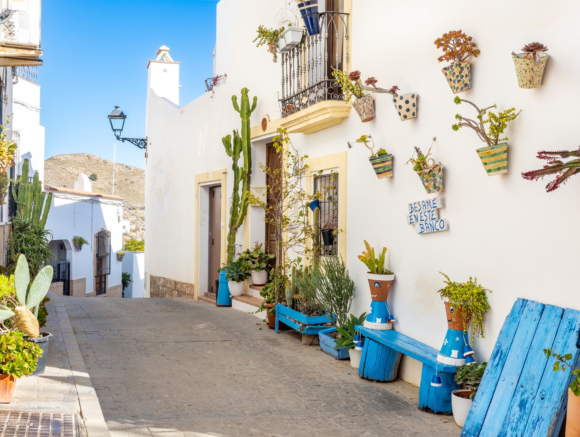 Pedestrian streets in Mojacar old town in Almeria, Spain
